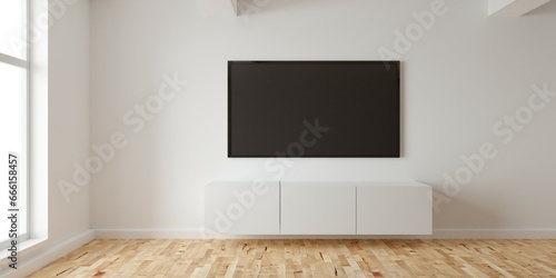 Fototapeta Naklejka Na Ścianę i Meble -  Modern empty interior room with large television or tv flat screen monitor on white wall background, wood floor and large window, interior architecture design template with copy space