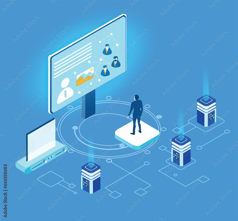 Business people working together in server room, prospecting data, analysing and cooperating. Isometric business environment. Infographic illustration