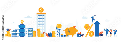 Business people calculating profits. Wide illustration of business people working together, cooperating on project, sharing ideas. 