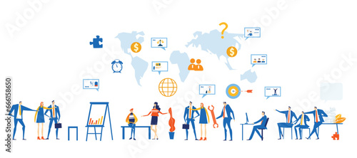 Business people calculating profits. Wide illustration of business people working together, cooperating on project, sharing ideas, international business. 