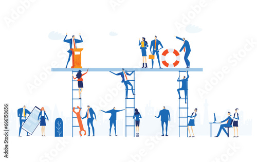 Business people working together, communicating, sharing ideas. Wide illustration of business people cooperating on project