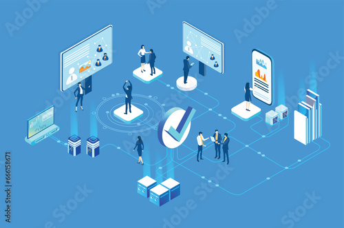 Business people working together in server room, prospecting data, analysing and cooperating. Isometric business environment. Infographic illustration
