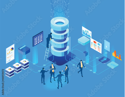 Business people working together in server room, prospecting data, analysing and cooperating. Isometric business environment. Infographic illustration