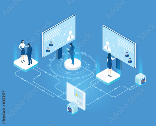 Business people working together in server room, prospecting data, analysing and cooperating. Isometric business environment. Infographic illustration