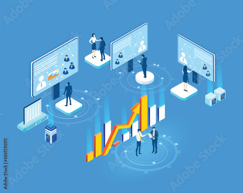 Successful business people are working with data, analysing graphs, cooperating on ideas. Isometric business concept environment