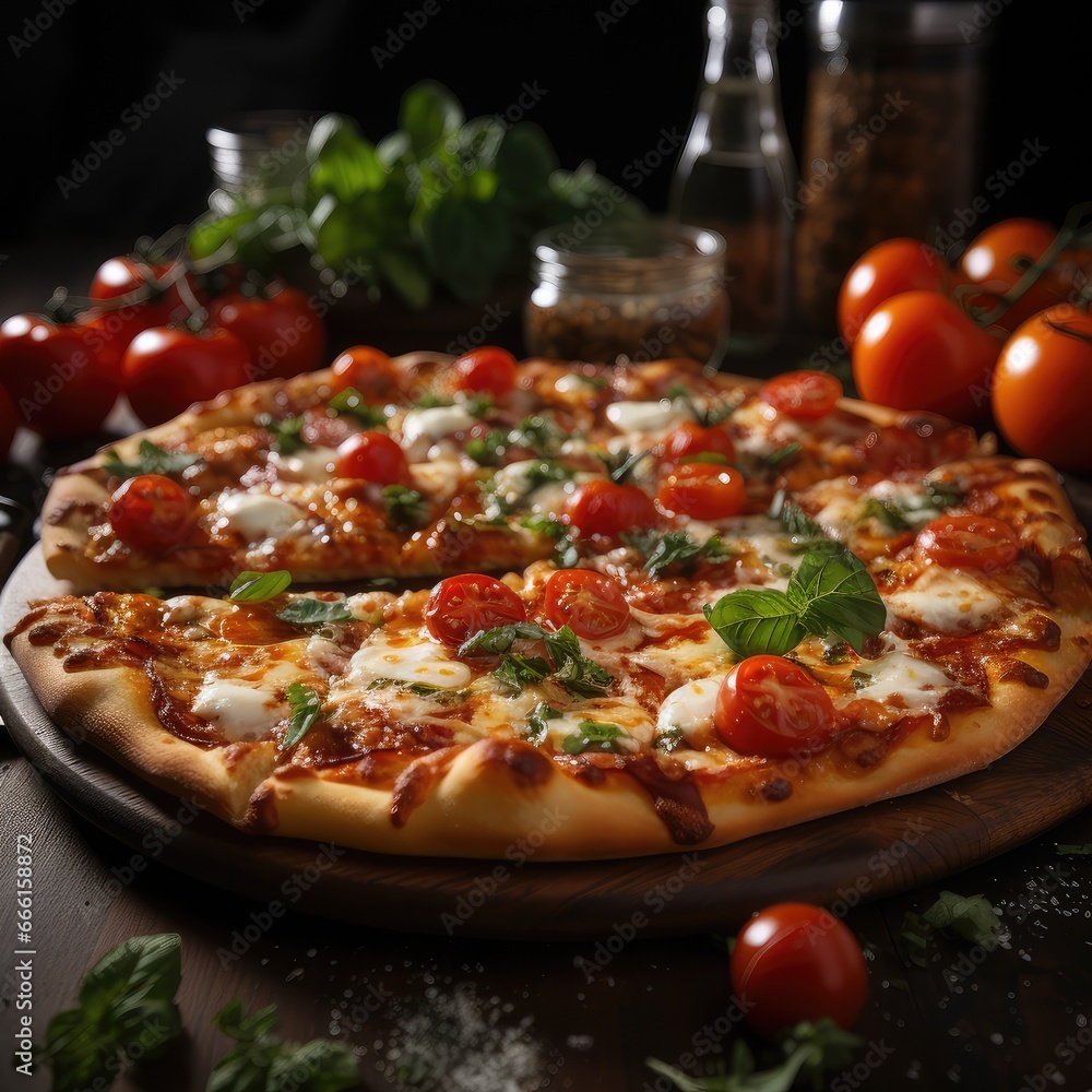 Tasty vegetarian pizza with cherry tomatoes, mozzarella cheese and fresh oregano.