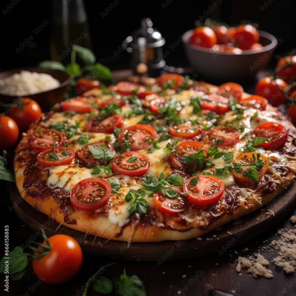 Tasty vegetarian pizza with cherry tomatoes, mozzarella cheese and fresh oregano.