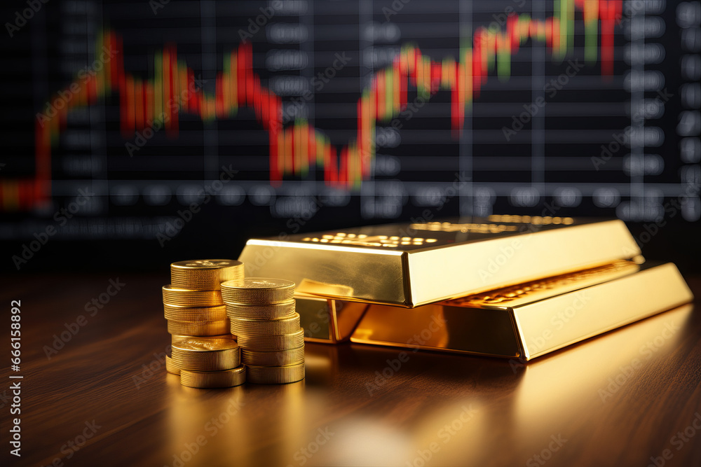 gold bars and coins on the background of the chart. stock market and shares, precious metals. business profit growth. gold bars and coins on the background of the chart. stock market and shares, precious metals. business profit growth.