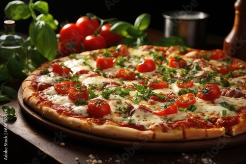 Tasty vegetarian pizza with cherry tomatoes, mozzarella cheese and fresh oregano.