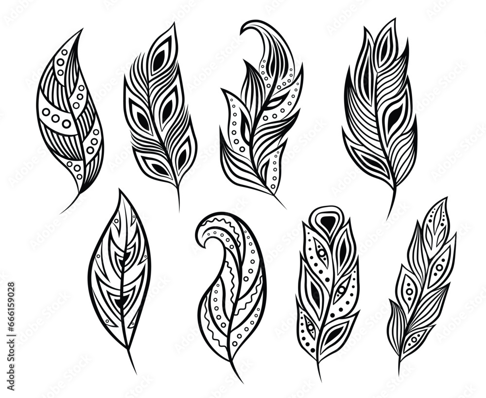 Fototapeta premium Set of ethnic feathers. Vintage Feather collection. Vector illustration