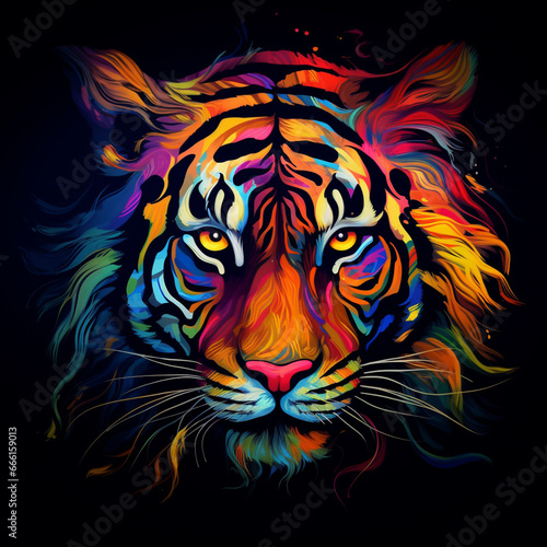 Tiger. Abstract, neon, multi-colored portrait of a tiger head on a dark background. Generative AI