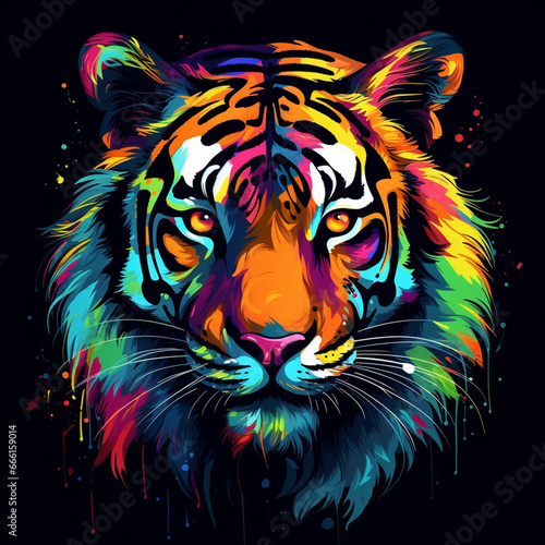 Tiger. Abstract, neon, multi-colored portrait of a tiger head on a dark background. Generative AI