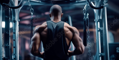 Sports Man Doing Pull Ups Exercise On Sport Club. Man ready for doing pull-ups in the gym. Generative Ai. photo