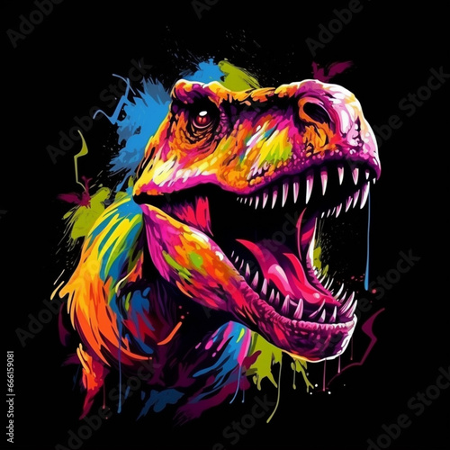 Abstract, neon, multi-colored portrait of a Tyrannosaurus Rex on a dark background. Generative AI