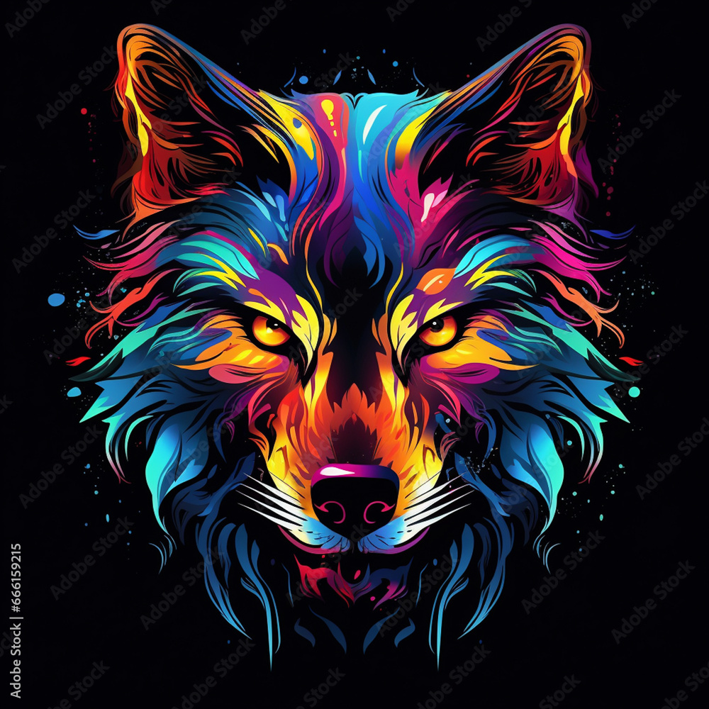 Fototapeta premium Wolf. Abstract, neon, multi-colored portrait of a wolf head on a dark background. Generative AI