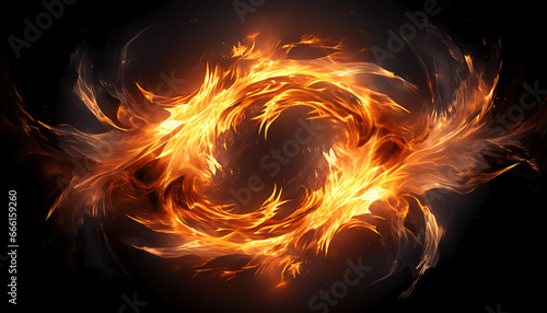 Translucent fire flames and sparks with radial repetition forming a dragon on black background