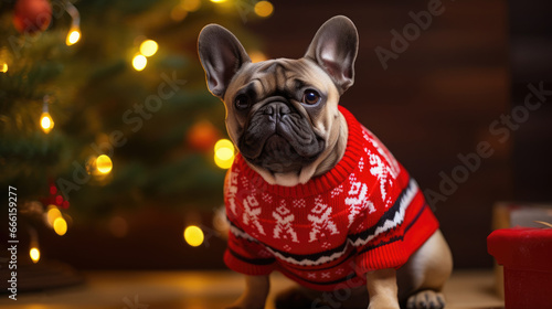 Cute French Bulldog wearing knitted Christmas sweater background. Funny dog puppy dressed up in warm costume in winter. Ugly Christmas Sweater Jumper Day concept.