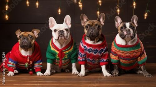 Cuadro en lienzo Cute French Bulldog wearing knitted Christmas sweater background