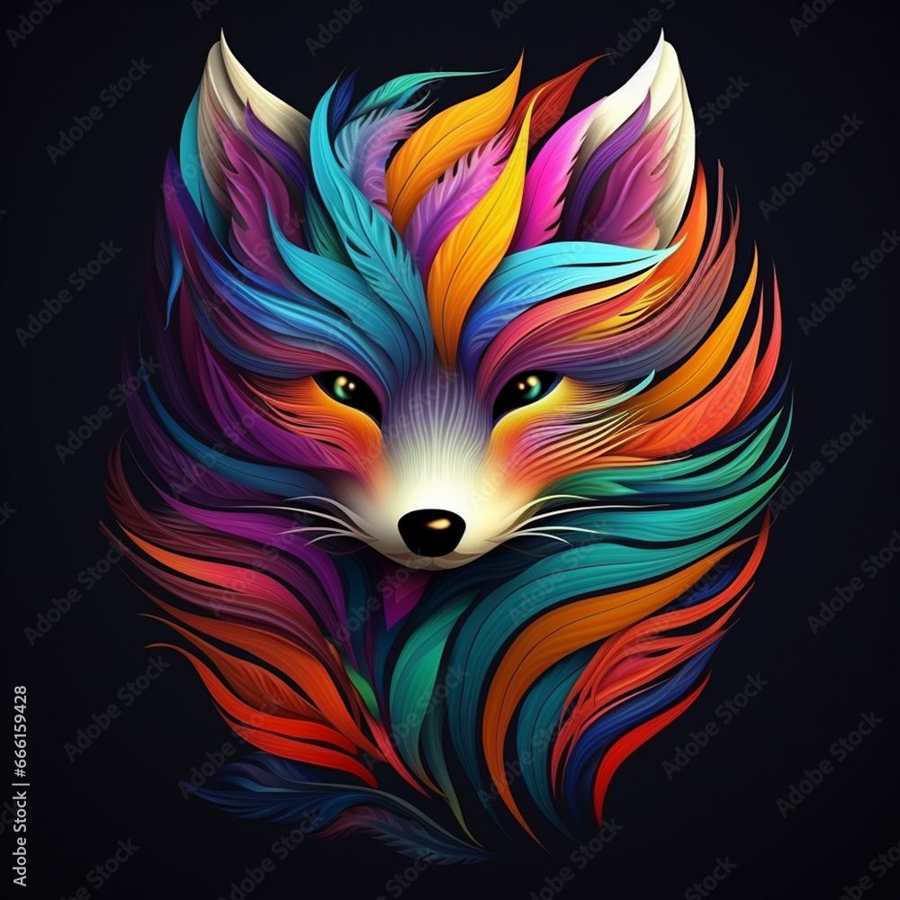 FOX. Abstract, neon, multi-colored portrait of a fox on a dark background. Generative AI
