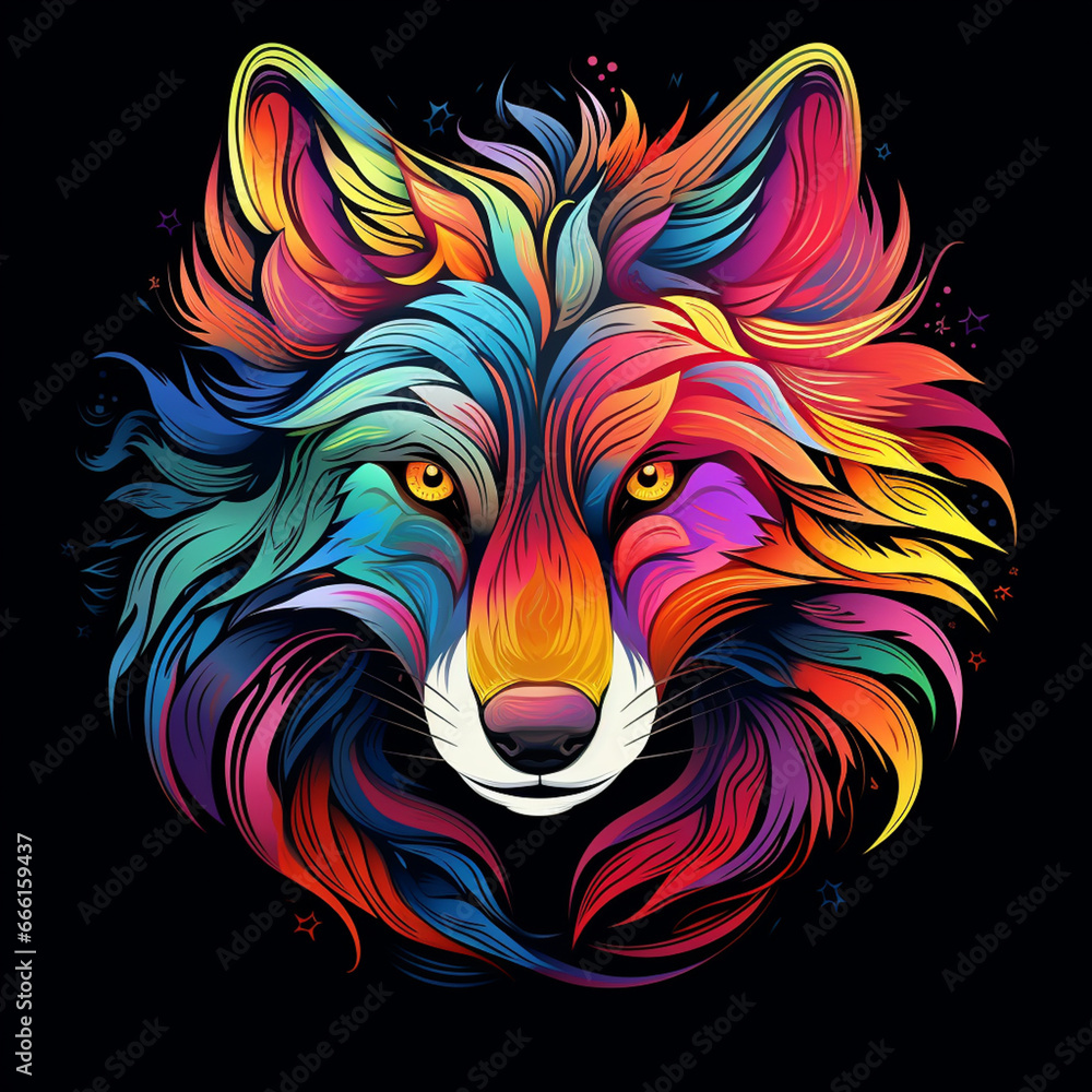 wolf. Abstract, neon, multi-colored portrait of a wolf on a dark background. Generative AI
