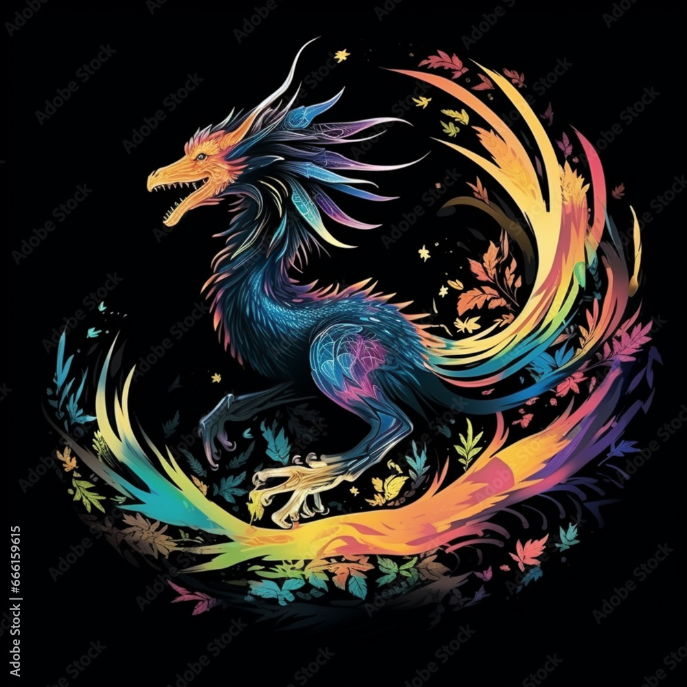 Dragon. Abstract, neon, multi-colored portrait of a dragon on a dark background. Generative AI