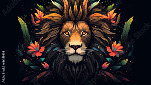 Lion. Abstract  neon  multi-colored portrait of a lion head on a dark background. Generative AI