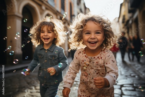 very happy boy and girl while playing on a street with soap bubbles