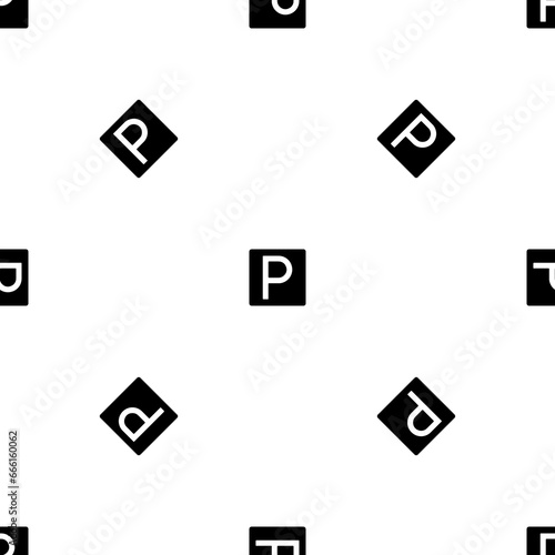 Seamless pattern of repeated black road parking signs. Elements are evenly spaced and some are rotated. Illustration on transparent background