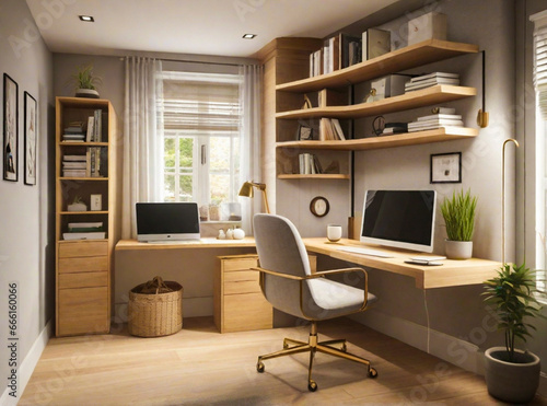 A interior design concept for a compact home office in a small spare room, ensuring efficient use of space and optimal organization for remote work. © mohammad