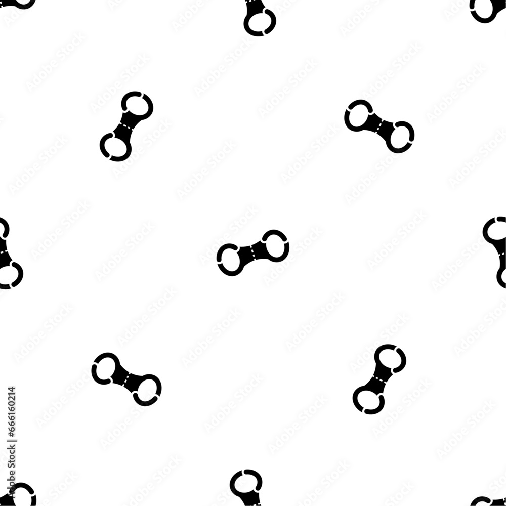 Seamless pattern of repeated black handcuffs symbols. Elements are evenly spaced and some are rotated. Vector illustration on white background