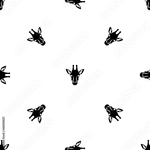 Seamless pattern of repeated black giraffe head symbols. Elements are evenly spaced and some are rotated. Illustration on transparent background