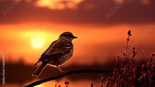 bird on a branch and sunset in the background