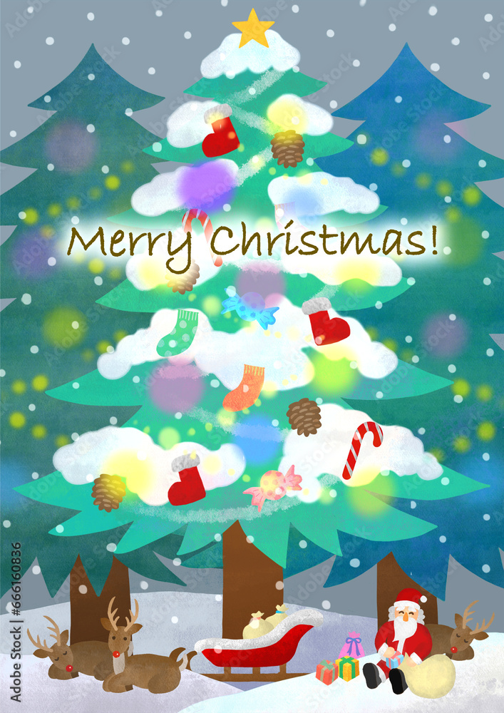 クリスマス素材　雪の積もったツリーの下　サンタクロースと赤鼻のトナカイ　文字入り