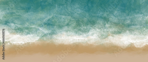 Tropical sea with waves and beach. Vector travel watercolor illustrations with sea beach for cover design, card, flyer, poster, banner and invitation card. Hand drawn summer background. Holiday. Waves