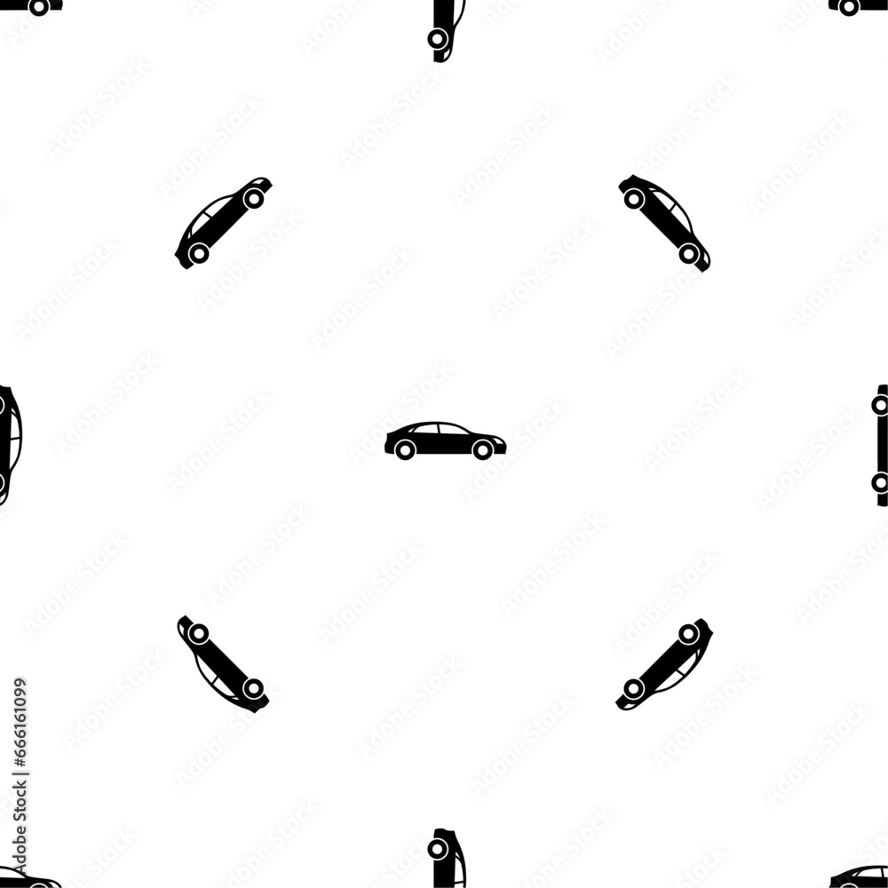 Seamless pattern of repeated black car symbols. Elements are evenly spaced and some are rotated. Vector illustration on white background