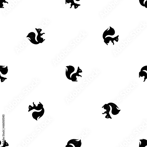 Seamless pattern of repeated black squirrel symbols. Elements are evenly spaced and some are rotated. Vector illustration on white background