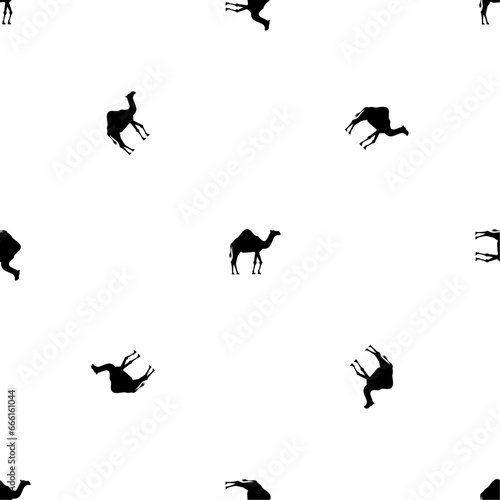 Seamless pattern of repeated black camel symbols. Elements are evenly spaced and some are rotated. Vector illustration on white background