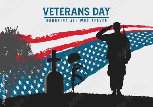 Veterans Day illustration with soldier silhouette salute and helmet on rifle