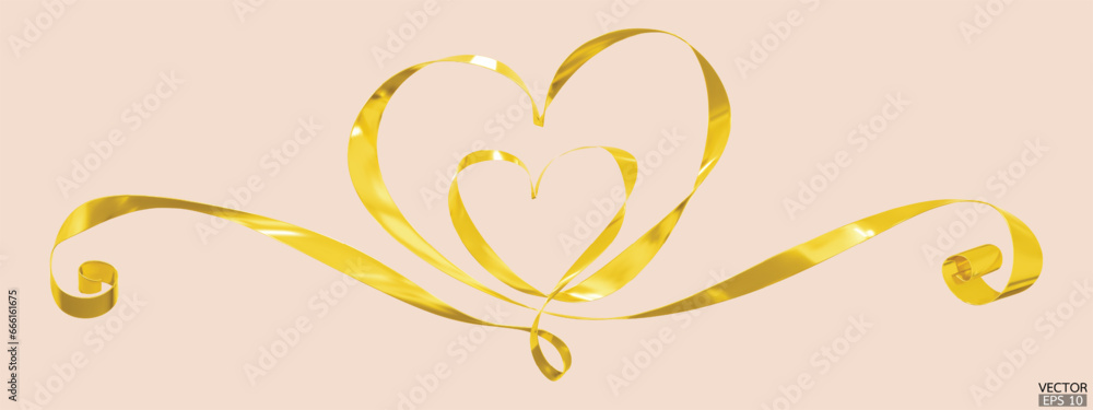 Yellow ribbons 2 hearts isolated on beige background. Continuous gold ribbon line art drawing. Element for Valentine's day, mother's day wedding and print. 3D vector illustration. Yellow ribbons 2 hearts isolated on beige background. Continuous gold ribbon line art drawing. Element for Valentine's day, mother's day wedding and print. 3D vector illustration.