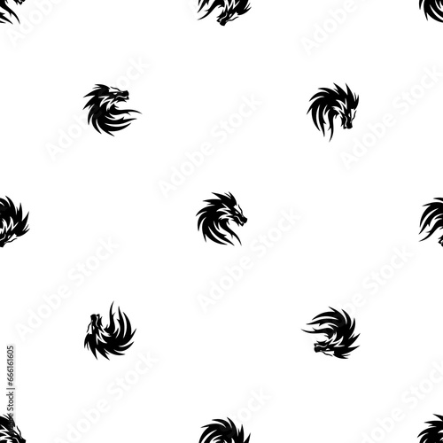 Seamless pattern of repeated black dragon's head symbols. Elements are evenly spaced and some are rotated. Illustration on transparent background