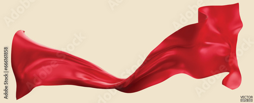 Flying red silk textile fabric flag background. Smooth elegant red Satin Isolated on beige Background for grand opening ceremony. Red curtain. 3d vector illustration