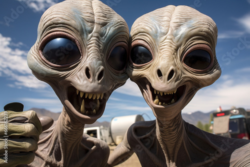 funny selfie of aliens, close-up, generative ai