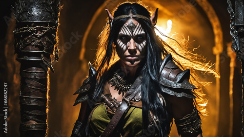 A female ogre in a candle-lit stone cave with tribal face paint, creating a mystical fantasy atmosphere.. photo