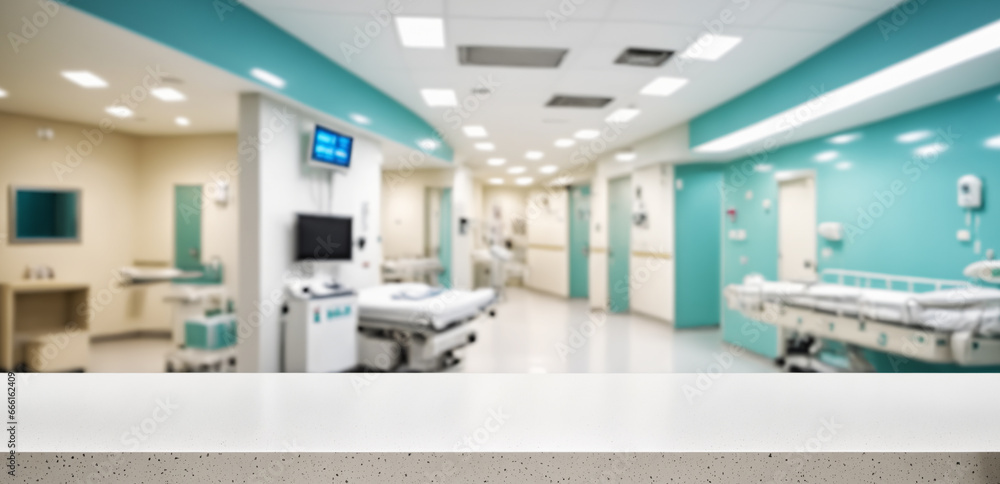 Empty marble surface in focus with a turquoise medical room blurred behind; suitable for health ads. Empty marble surface in focus with a turquoise medical room blurred behind; suitable for health ads.