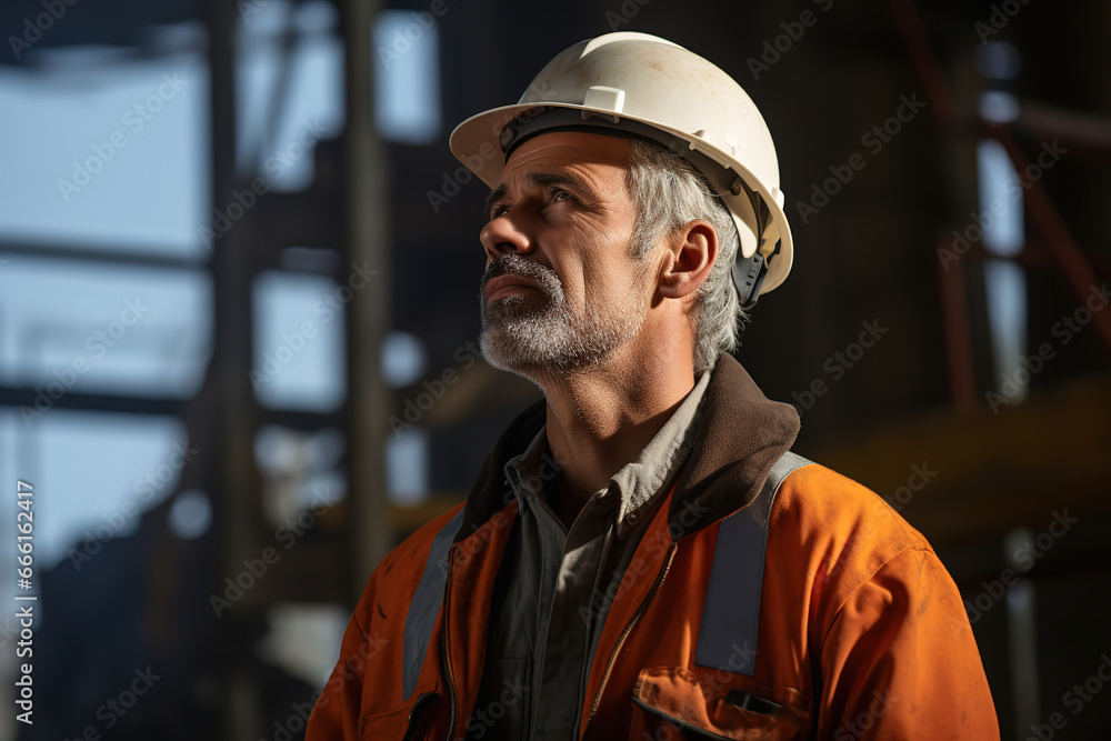 Thoughtful mature architect at construction site, generative ai Thoughtful mature architect at construction site, generative ai