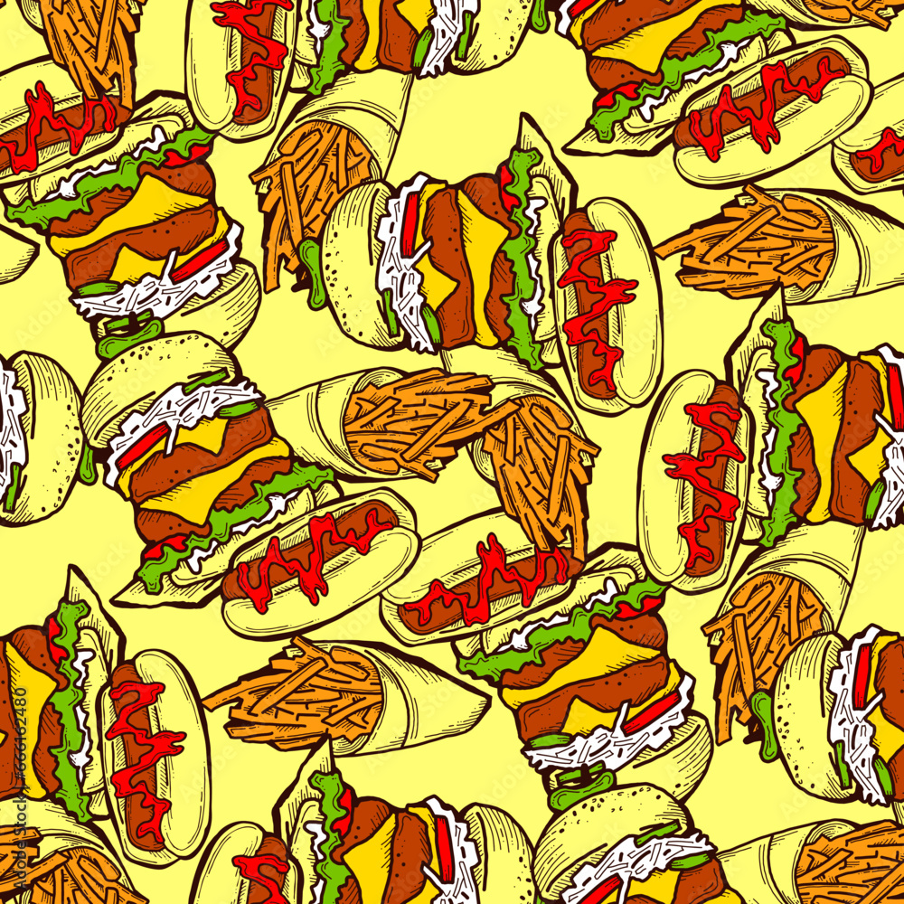 Fast food seamless vector pattern with hamburger, french fries, hot dog. Decorative design for wrapping paper, fabric print, digital background. Hand drawn doodle style cartoon illustration.