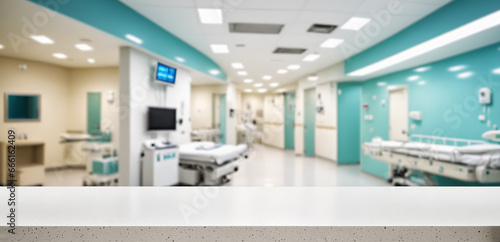 Empty marble surface in focus with a turquoise medical room blurred behind  suitable for health ads. © SushiGirl