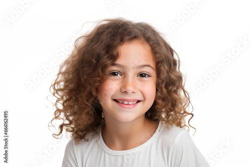 Portrait of happy smiling child girl isolated on white background, generative ai