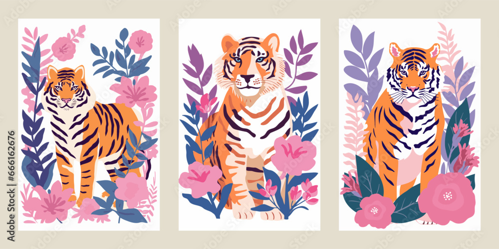 Fototapeta premium Set of vector illustrations with tigers, flowers and leaves. Wild and exotic animals.