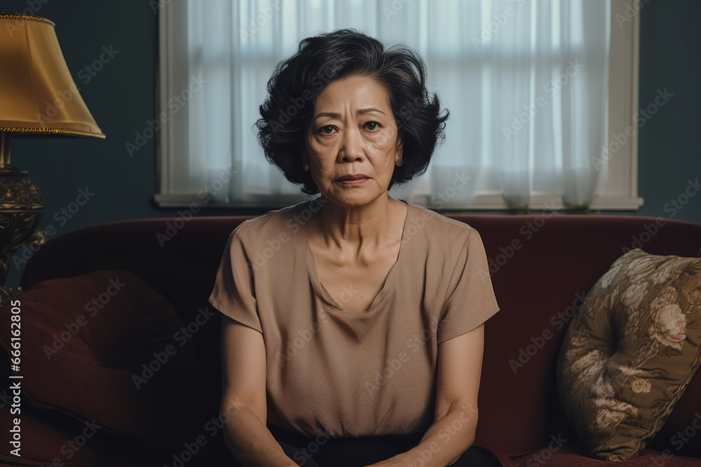 portrait of an unhappy senior asian woman sitting on couch at home, generative ai portrait of an unhappy senior asian woman sitting on couch at home, generative ai